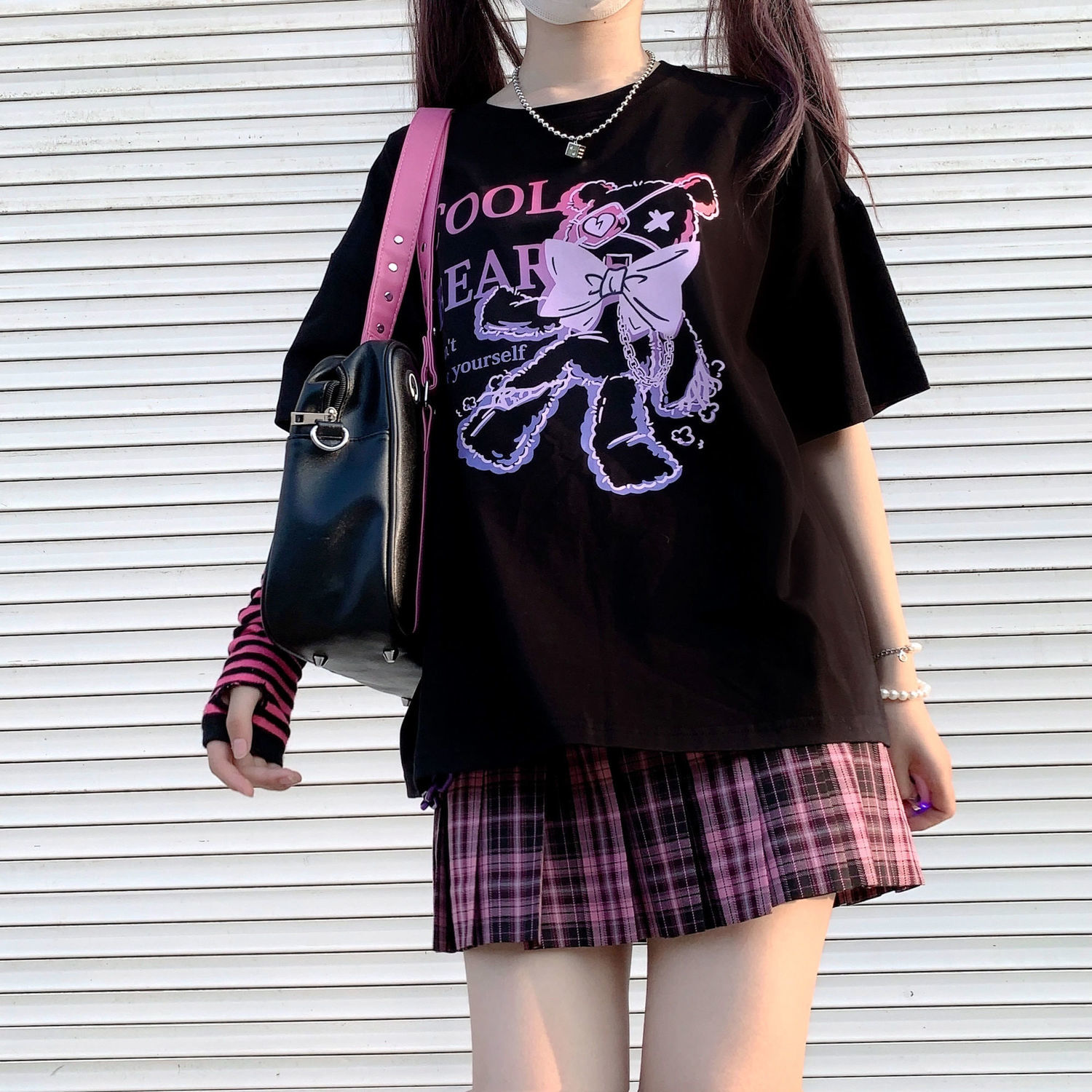 Kawaii Cartoon Pink Top Short Sleeve Punk Crop Bear print Summer Casual Cute Women T shirt Tee 