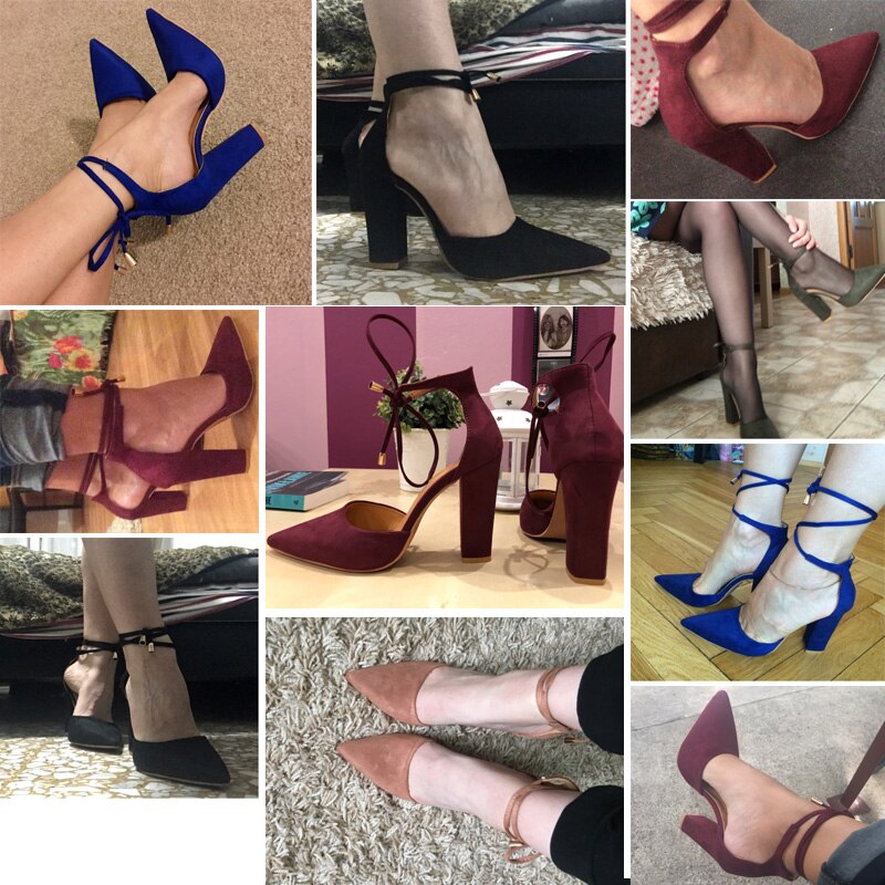 6 Colors Pointed Strappy Pumps Sexy Retro High Thick Heels Shoes 2108 New Woman Shoes Female Lace Up Shoes